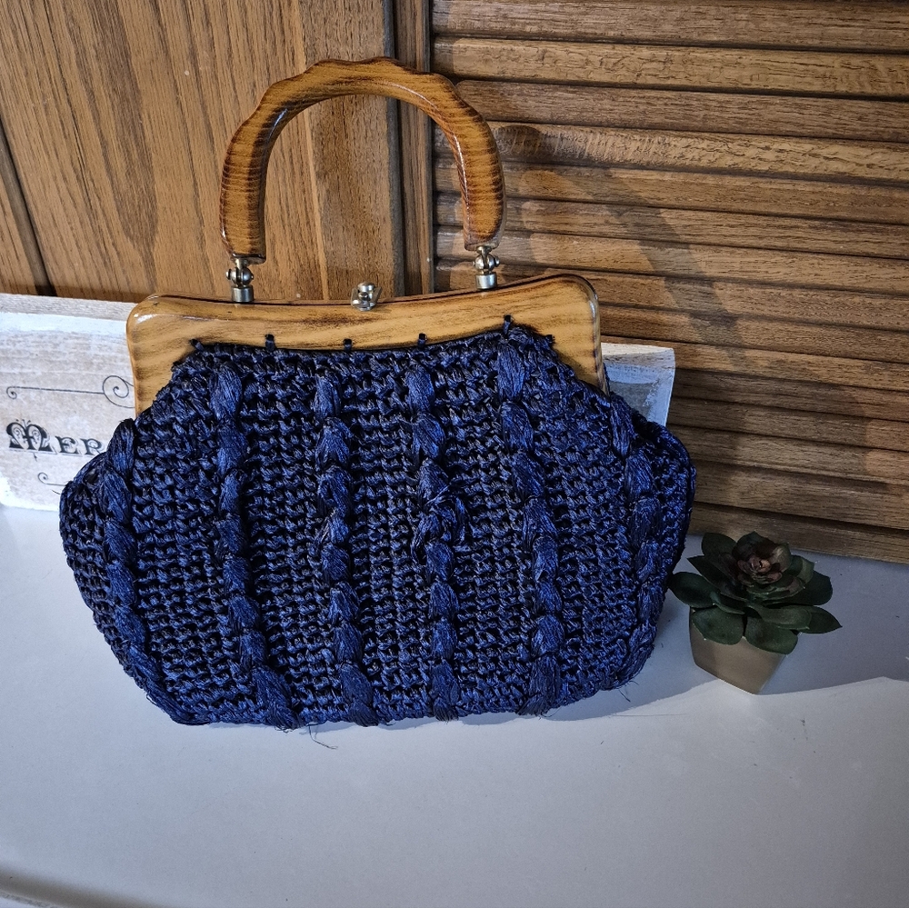 Vintage Raffia Straw Weaved Navy Blue Wood Handled Bag Made In Japan